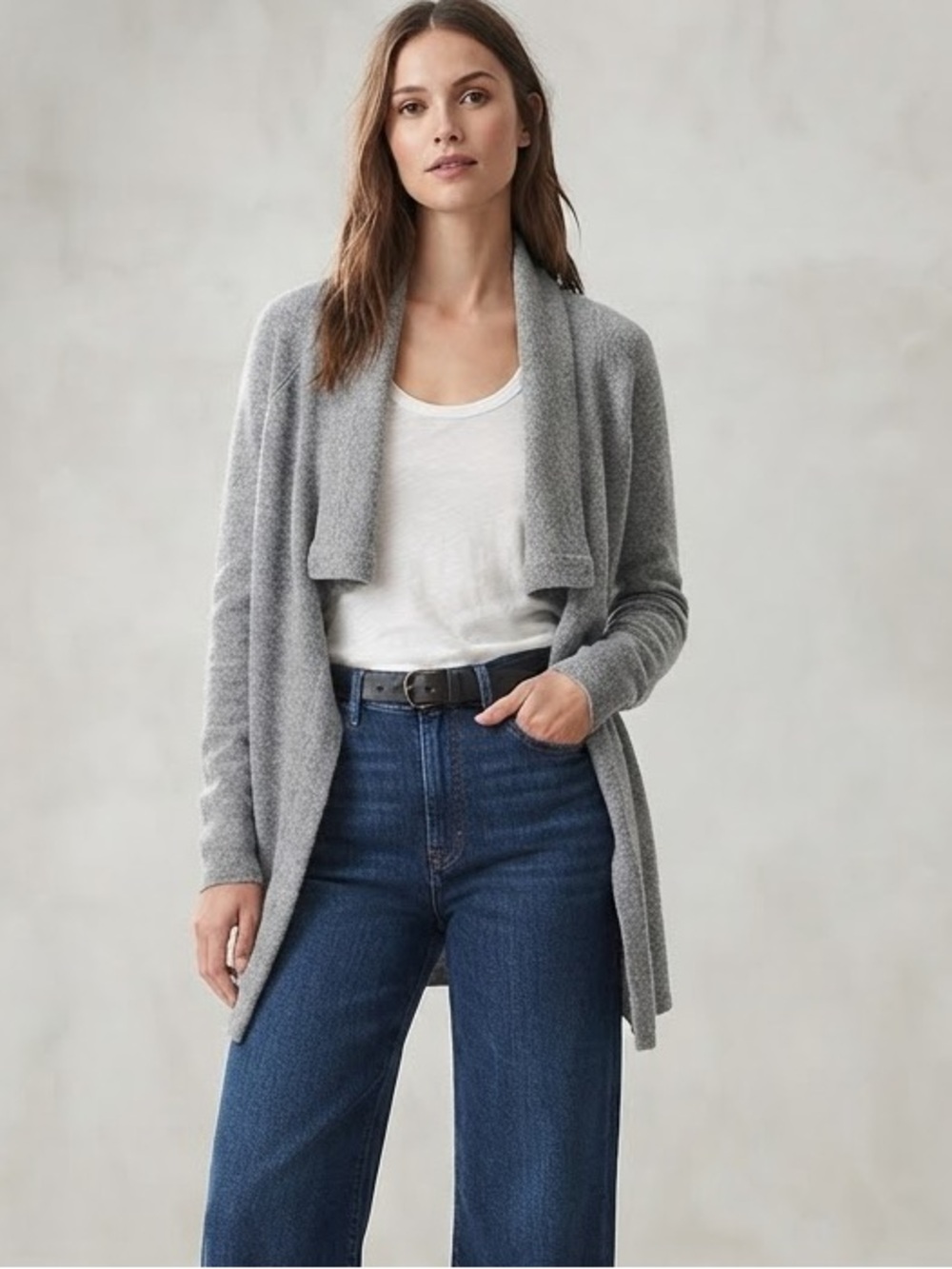 Qi Cashmere 100% Cashmere Waterfall Cardigan Quiet Luxury Minimalist Grey Small